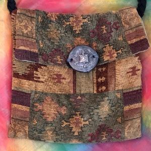 Vintage Handmade Boho Carpet Bag & Clay button.